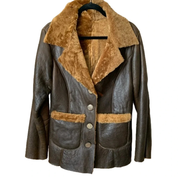 Brown Genuine Leather Shearling Jacket - Picture 2 of 12